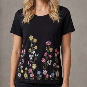 Embroidered Floral T-Shirt Black Karen Scott Size XL
